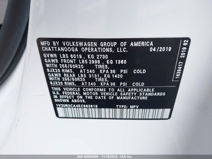 VIN 1V2UR2CA4KC562619 2019 Volkswagen Atlas, 3.6L V... no.9