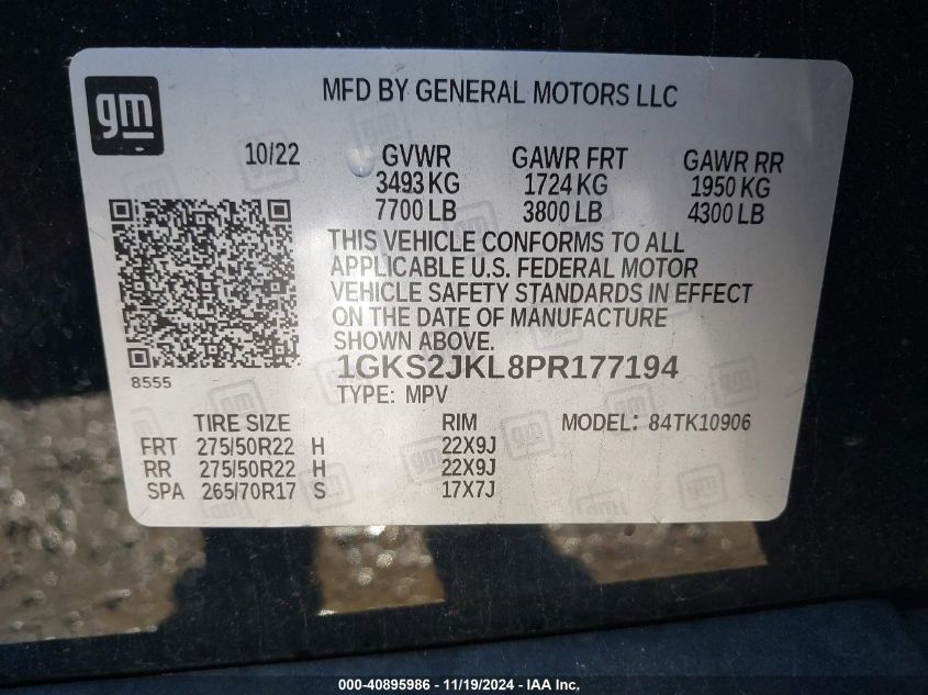 2023 GMC Yukon Xl 4Wd Denali VIN: 1GKS2JKL8PR177194 Lot: 40895986