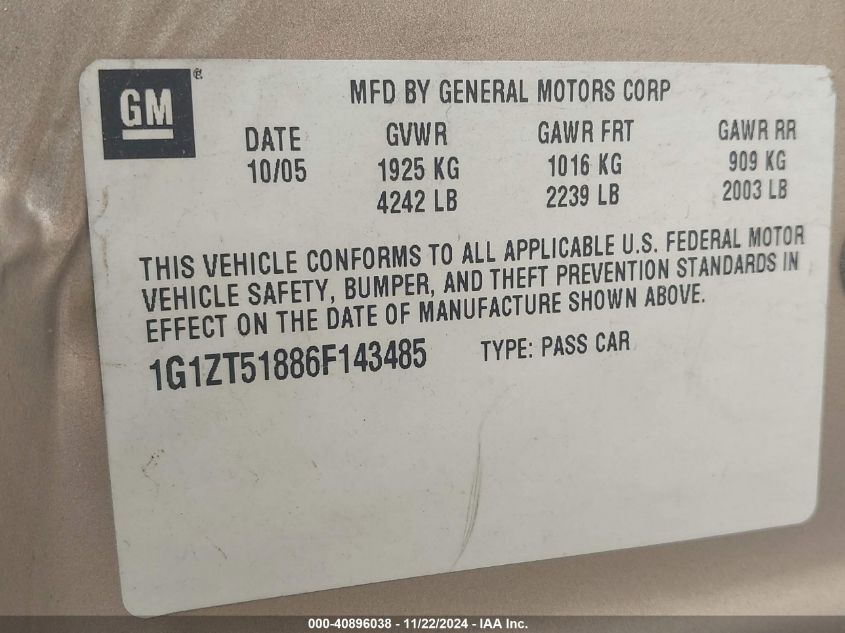 2006 CHEVROLET MALIBU VIN: 1G1ZT51886F143485