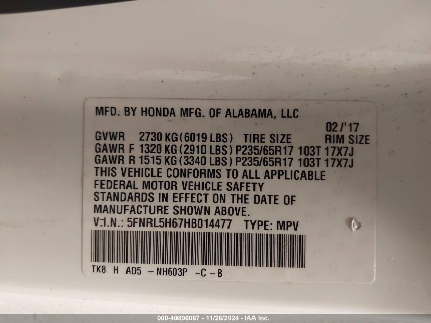 VIN 5FNRL5H67HB014477 2017 Honda Odyssey, Ex-L no.9