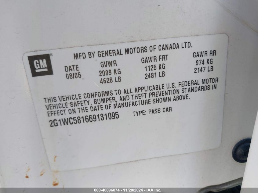 2006 Chevrolet Impala Lt VIN: 2G1WC581669131095 Lot: 40896074