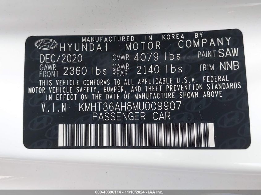 2021 HYUNDAI VELOSTER N 2.0L I-4 DI, DOHC, V(VIN: KMHT36AH8MU009907