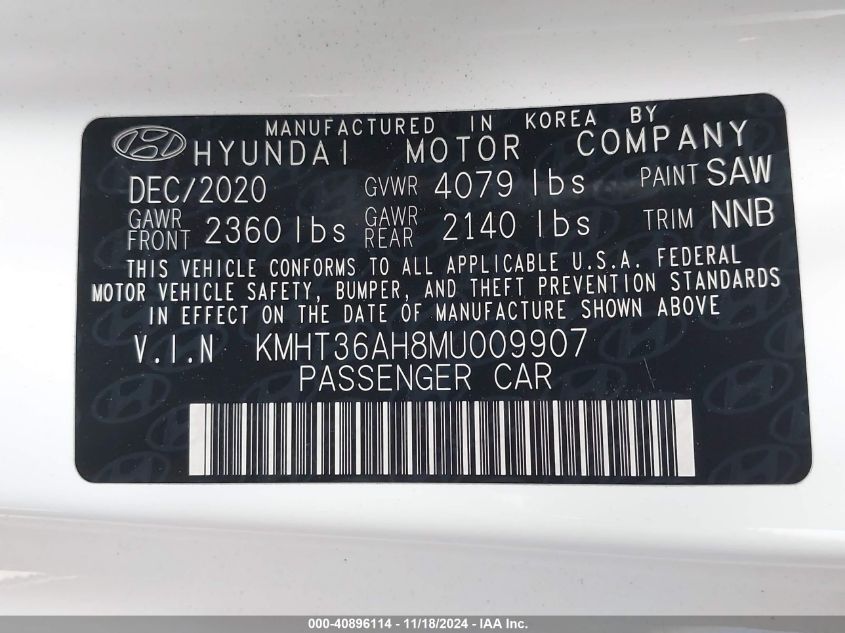 2021 Hyundai Veloster N VIN: KMHT36AH8MU009907 Lot: 40896114