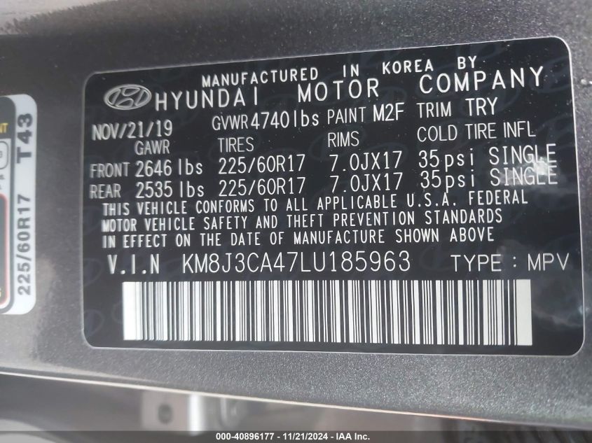 2020 Hyundai Tucson Value VIN: KM8J3CA47LU185963 Lot: 40896177