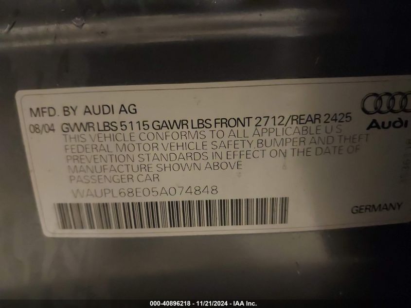 2005 Audi S4 4.2 (A6) VIN: WAUPL68E05A074848 Lot: 40896218