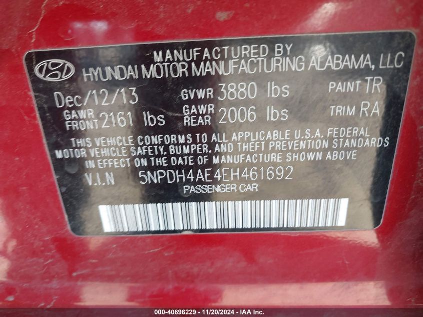 2014 HYUNDAI ELANTRA VIN: 5NPDH4AE4EH461692