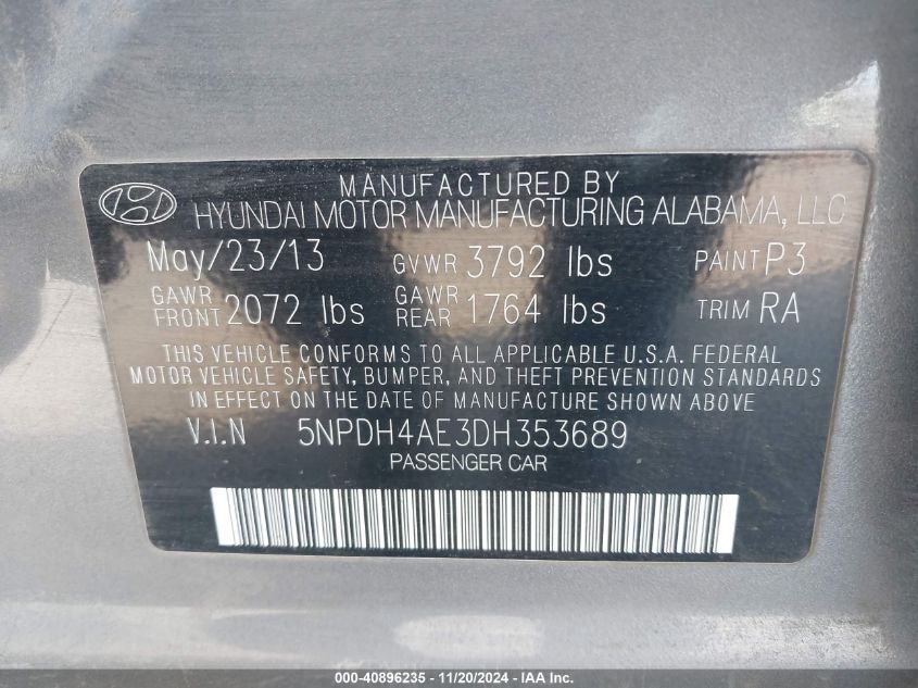 2013 Hyundai Elantra Gls VIN: 5NPDH4AE3DH353689 Lot: 40896235