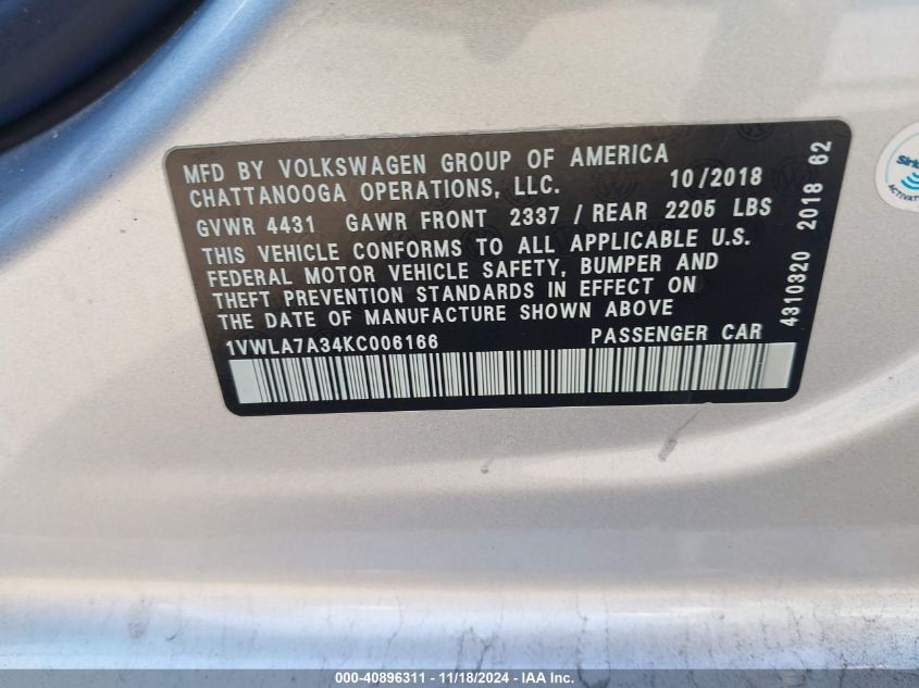 2019 Volkswagen Passat 2.0T Wolfsburg Edition VIN: 1VWLA7A34KC006166 Lot: 40896311