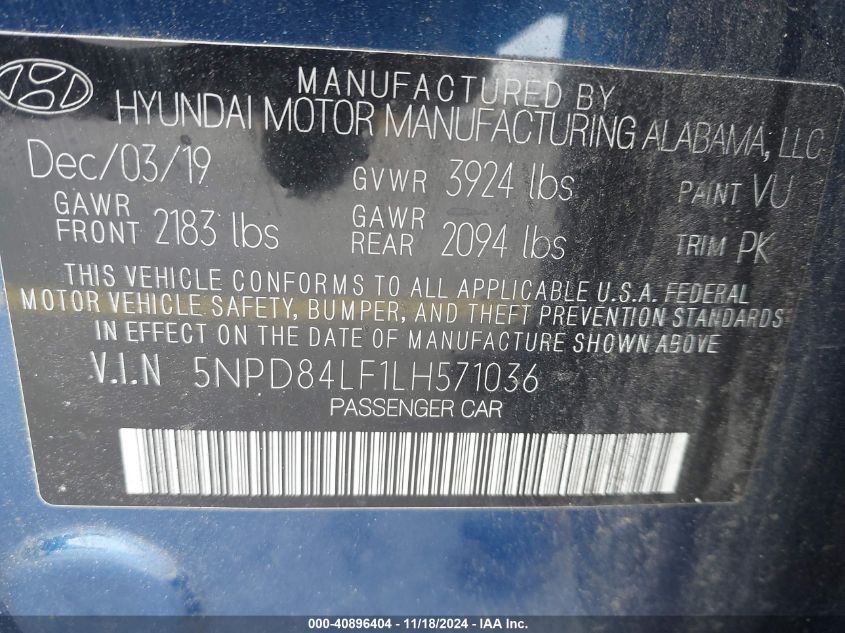 2020 Hyundai Elantra Sel VIN: 5NPD84LF1LH571036 Lot: 40896404