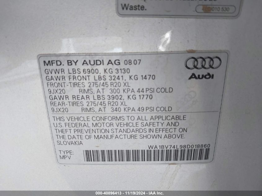 2008 Audi Q7 4.2 Premium VIN: WA1BV74L98D018860 Lot: 40896413