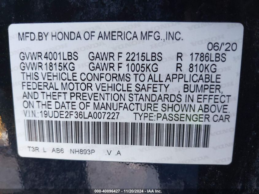 2020 Acura Ilx Standard VIN: 19UDE2F36LA007227 Lot: 40896427