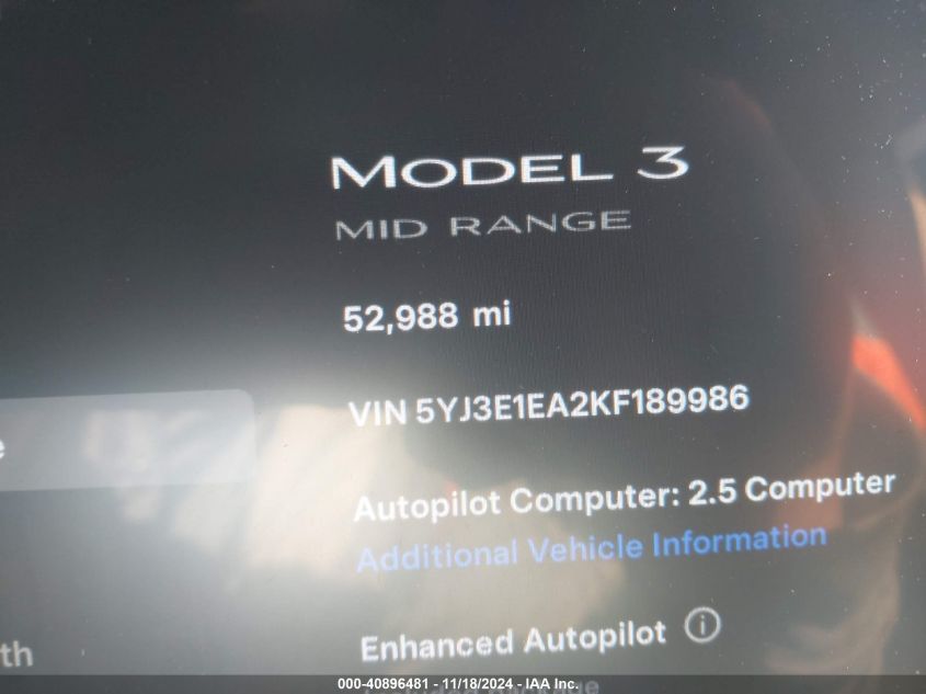 2019 Tesla Model 3 Long Range/Mid Range/Standard Range/Standard Range Plus VIN: 5YJ3E1EA2KF189986 Lot: 40896481