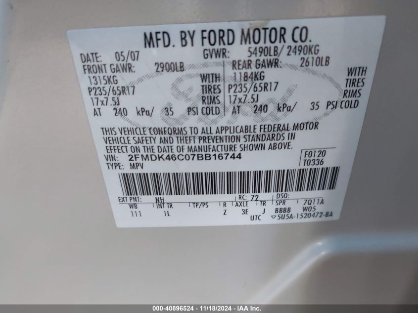 2007 Ford Edge Se VIN: 2FMDK46C07BB16744 Lot: 40896524