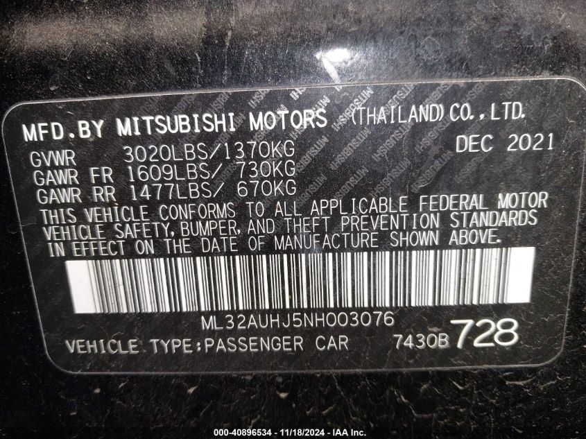 2022 Mitsubishi Mirage VIN: A0V26109705137531 Lot: 40896534