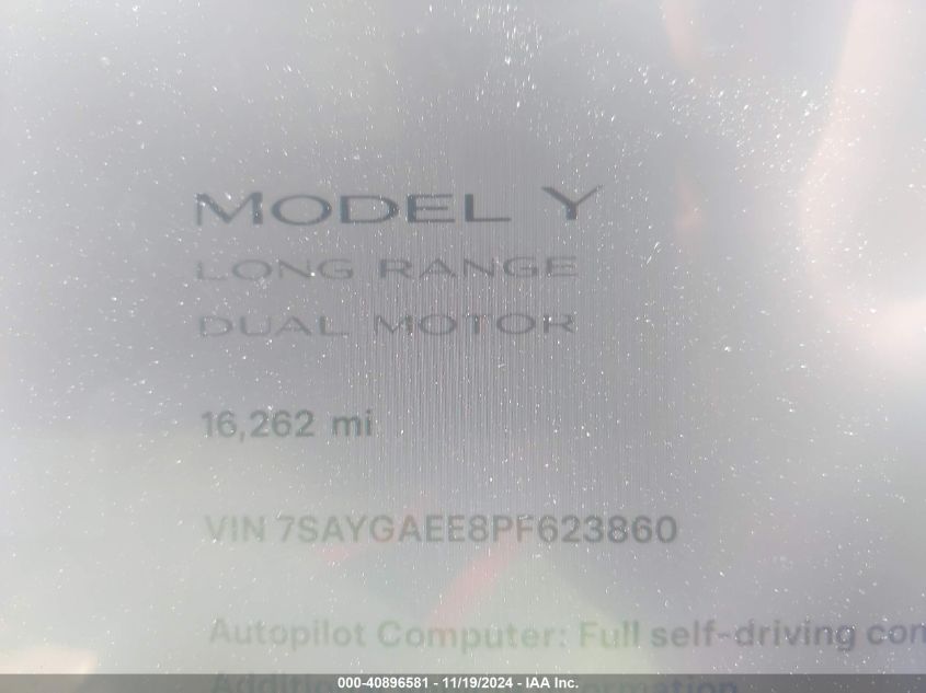 2023 Tesla Model Y Awd/Long Range Dual Motor All-Wheel Drive VIN: 7SAYGAEE8PF623860 Lot: 40896581