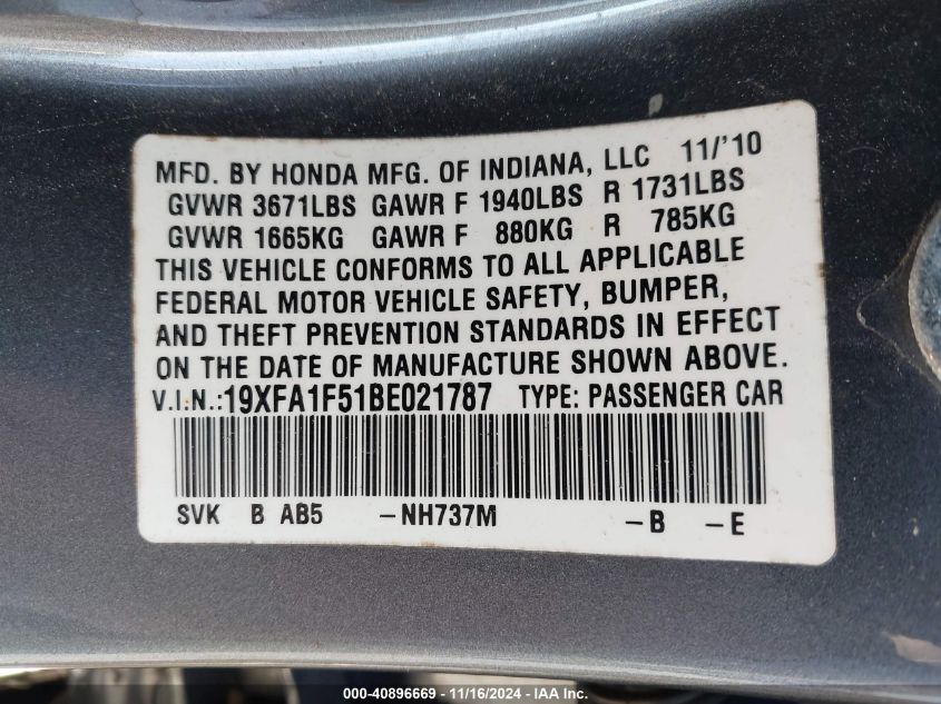 2011 Honda Civic Lx VIN: 19XFA1F51BE021787 Lot: 40896669