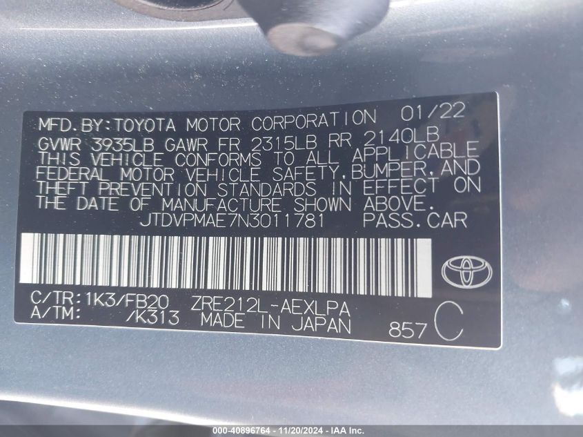 2022 Toyota Corolla Le VIN: JTDVPMAE7N3011781 Lot: 40896764