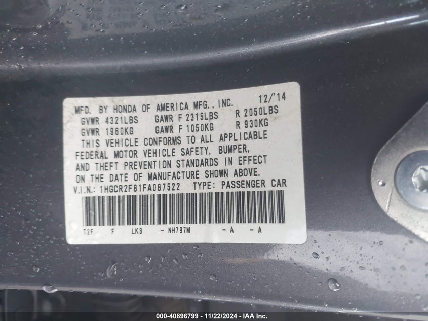2015 HONDA ACCORD VIN: 1HGCR2F81FA087522