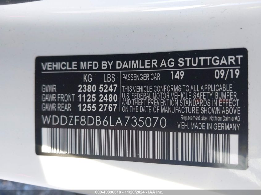 2020 Mercedes-Benz E 350 VIN: WDDZF8DB6LA735070 Lot: 40896818