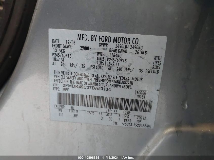 2007 Ford Edge Sel Plus VIN: 2FMDK49C37BA53134 Lot: 40896835