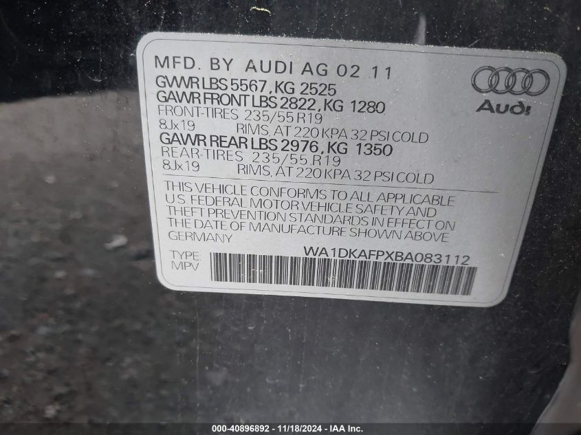 2012 Audi Q5 3.2 Premium Plus VIN: WA1DKAFP8CA083112 Lot: 40896892