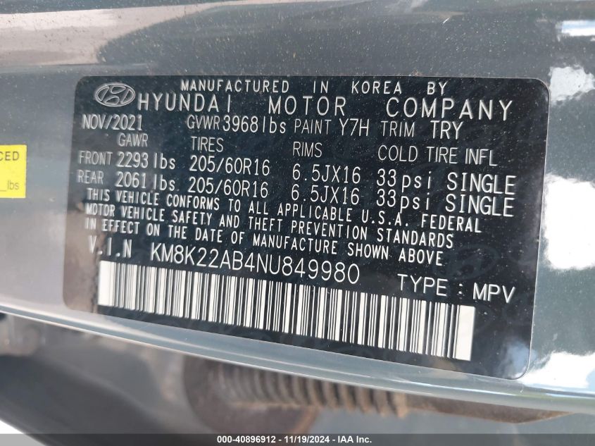 2022 Hyundai Kona Se VIN: KM8K22AB4NU849980 Lot: 40896912