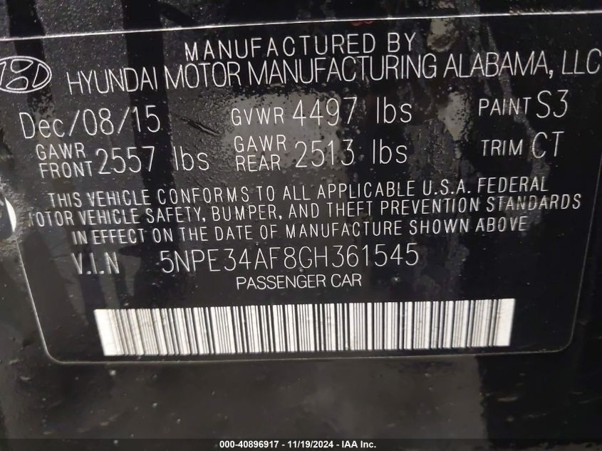 VIN 5NPE34AF8GH361545 2016 Hyundai Sonata, Sport no.9