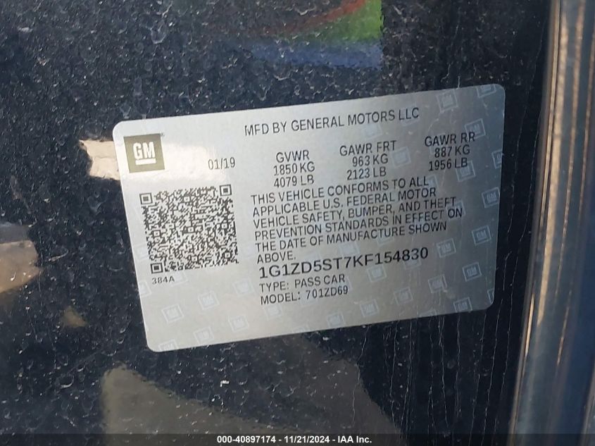 2019 CHEVROLET MALIBU VIN: 1G1ZD5ST7KF154830