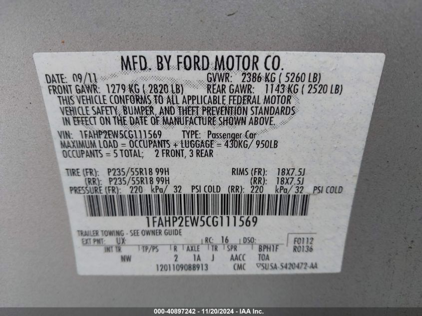 2012 Ford Taurus Sel VIN: 1FAHP2EW5CG111569 Lot: 40897242