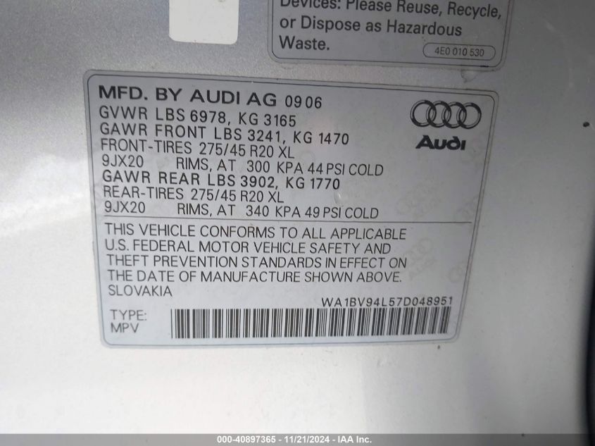 2007 Audi Q7 4.2 Premium VIN: WA1BV94L57D048951 Lot: 40897365