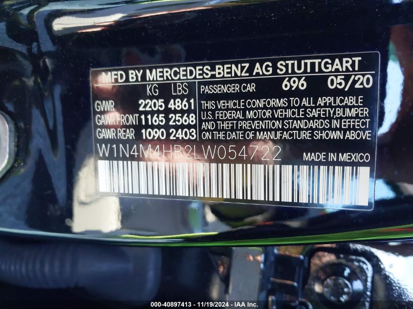 VIN W1N4M4HB2LW054722 2020 MERCEDES-BENZ GLB 250 4MATIC