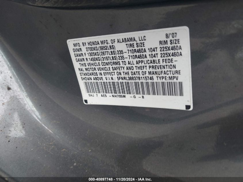 2007 Honda Odyssey Touring VIN: 5FNRL38837B115746 Lot: 40897748