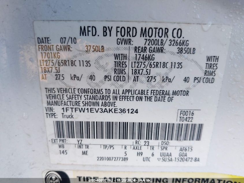 2010 Ford F-150 Fx4/Harley-Davidson/King Ranch/Lariat/Platinum/Xl/Xlt VIN: 1FTFW1EV3AKE36124 Lot: 40897763