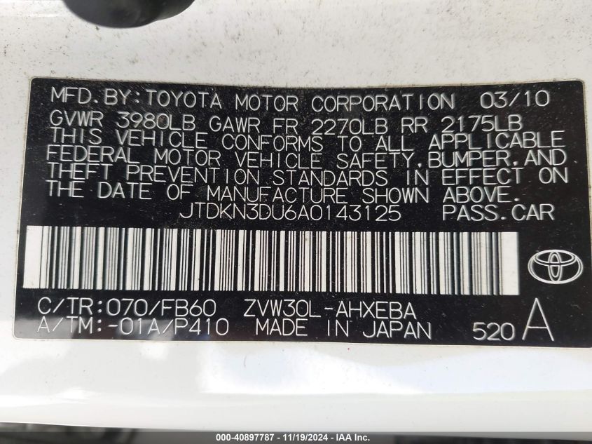 2010 Toyota Prius Ii VIN: JTDKN3DU6A0143125 Lot: 40897787