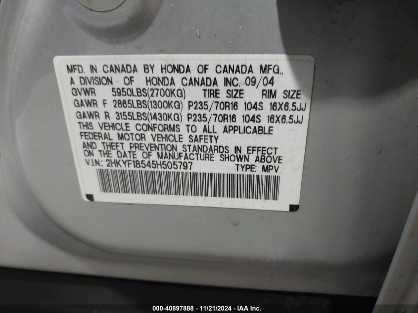 2005 Honda Pilot Ex-L VIN: 2HKYF18545H505797 Lot: 40897888