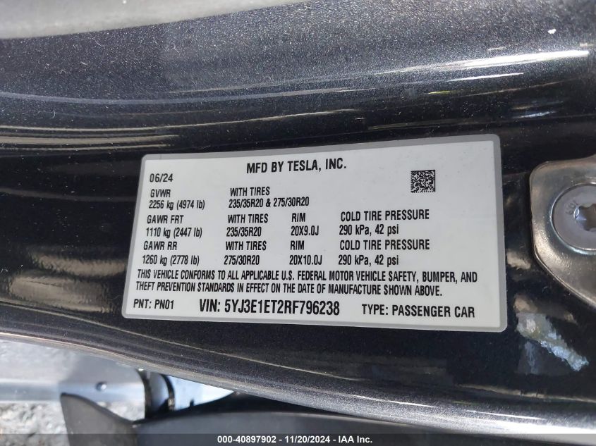 2024 Tesla Model 3 Performance All-Wheel Drive VIN: 5YJ3E1ET2RF796238 Lot: 40897902