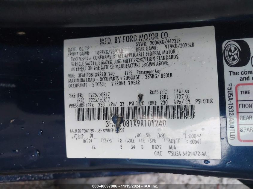 2009 FORD FUSION VIN: 3FAHP081X9R101240