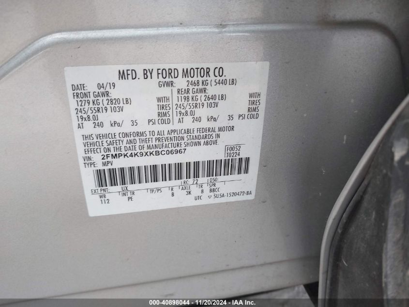 VIN 2FMPK4K9XKBC06967 2019 FORD EDGE no.9