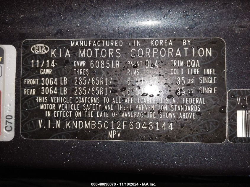 2015 Kia Sedona Lx VIN: KNDMB5C12F6043144 Lot: 40898070