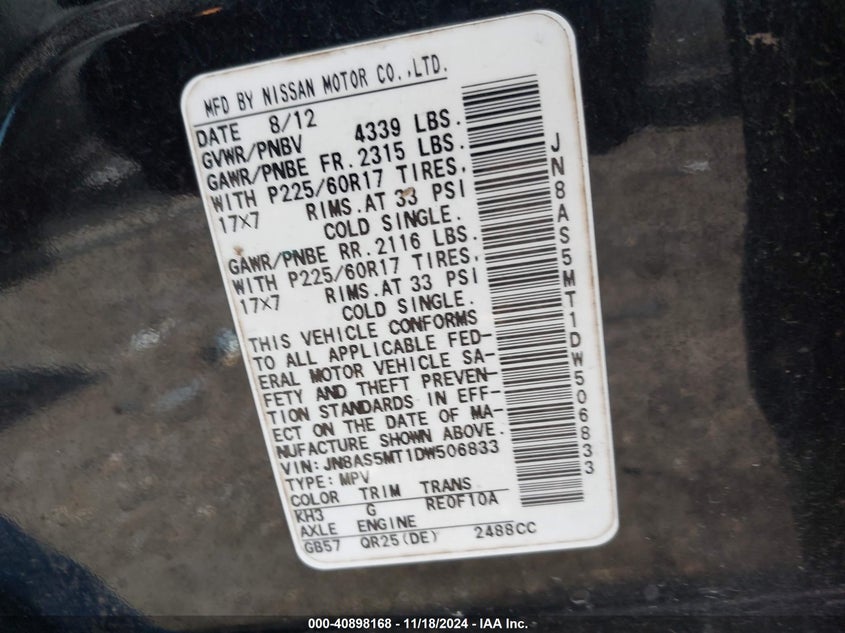 2013 NISSAN ROGUE VIN: JN8AS5MT1DW506833