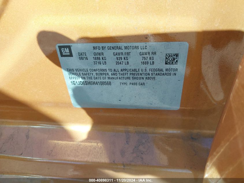 2017 CHEVROLET SONIC LT AUTO - 1G1JD6SH6H4108568