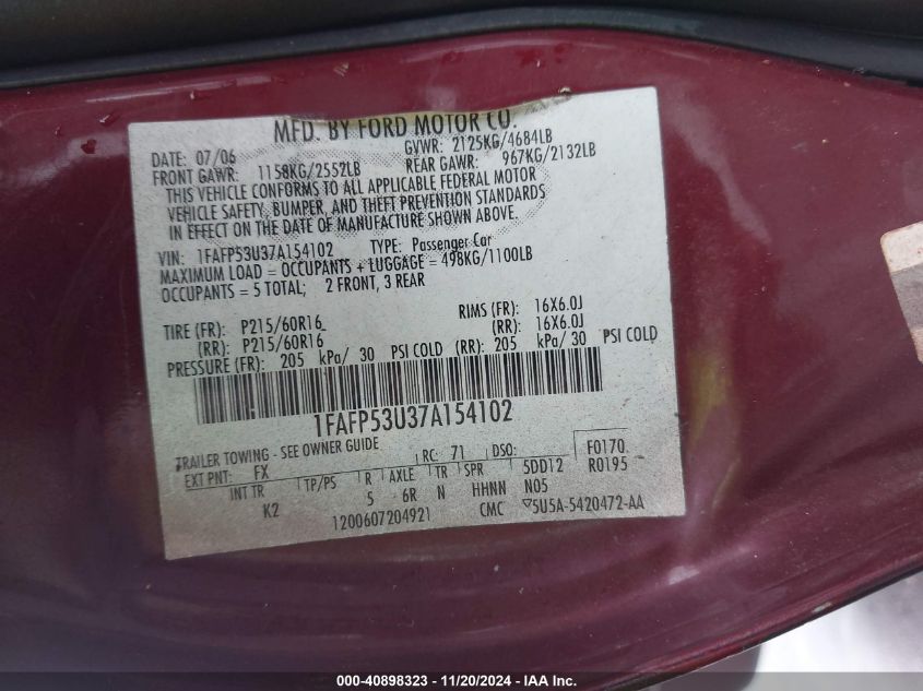 2007 Ford Taurus Se VIN: 1FAFP53U37A154102 Lot: 40898323