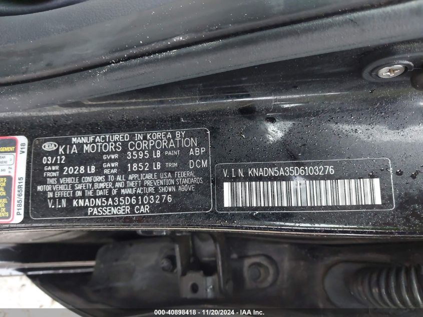 2013 Kia Rio Ex VIN: KNADN5A35D6103276 Lot: 40898418