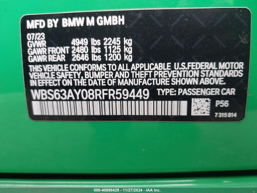 VIN WBS63AY08RFR59449 2024 BMW M3, CS no.9