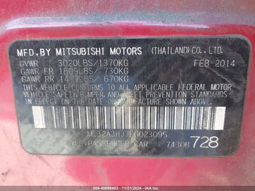 2014 Mitsubishi Mirage De VIN: ML32A3HJ7EH023095 Lot: 40898483