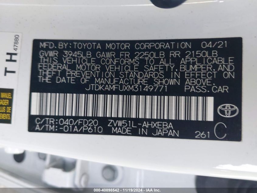 VIN JTDKAMFUXM3149771 2021 Toyota Prius, LE no.9