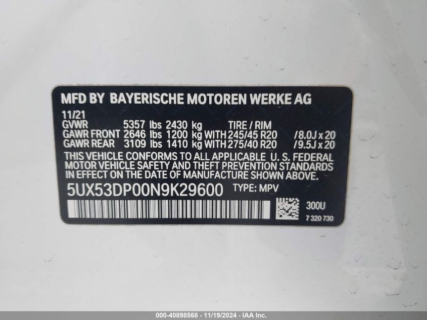 2022 BMW X3 XDRIVE30I - 5UX53DP00N9K29600