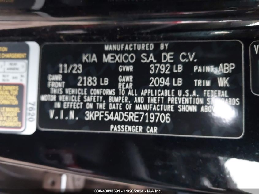 2024 KIA FORTE VIN: 3KPF54AD5RE719706