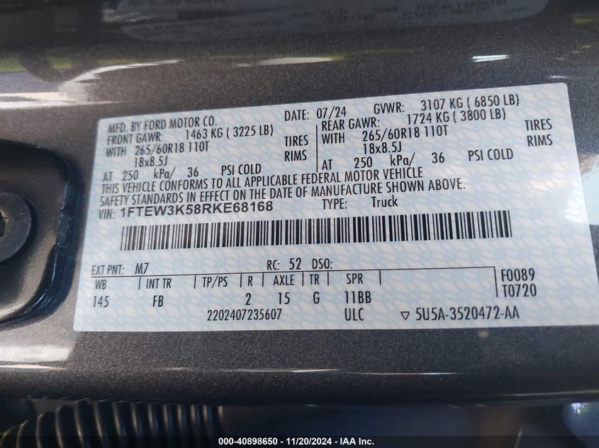 2024 FORD F150 VIN: 1FTEW3K58RKE68168