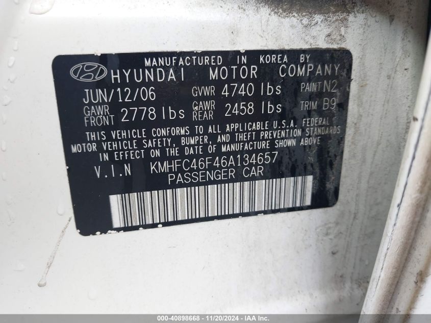 2006 Hyundai Azera Limited/Se VIN: KMHFC46F46A134657 Lot: 40898668